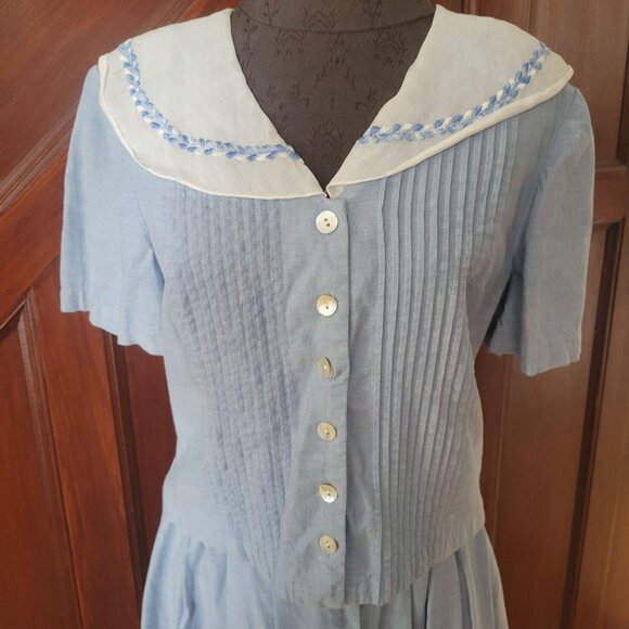 Vintage Plaza South Blue Button-Up Dress Embroidered Collar Pintuck Sz12 India - Picture 2 of 11